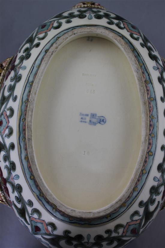 A Zsolnay Pecs pottery Persian inspired oval jardiniere, late 19th century, 29cm, slight restorations